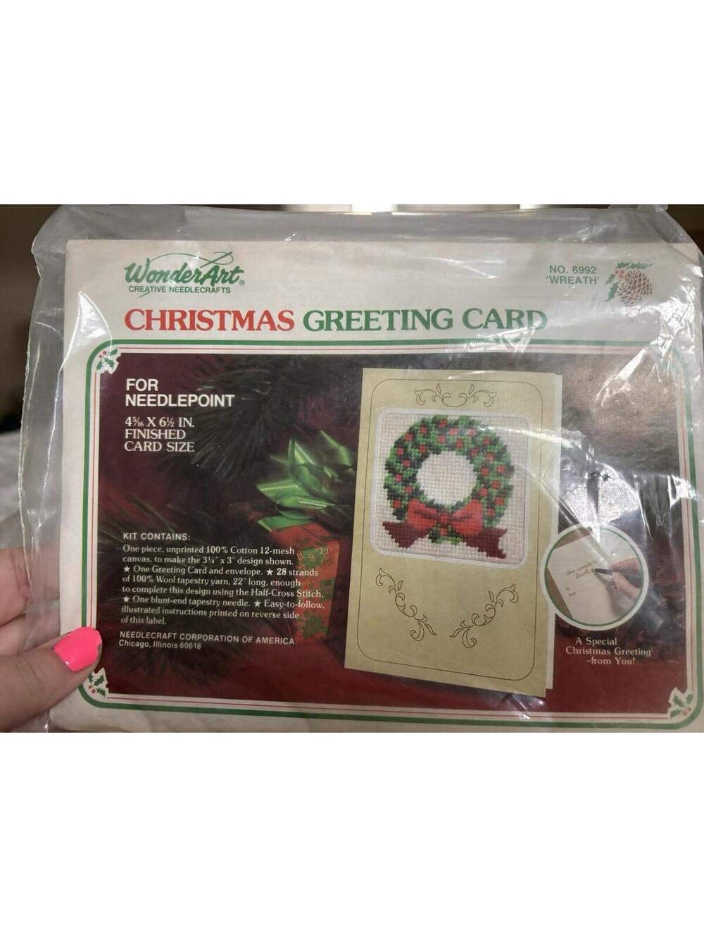 WonderArt Christmas Needlepoint Greeting Card Kit Wreath Bow